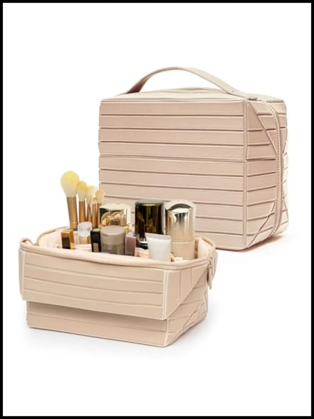 PU Leather Travel Makeup Bag, Large Capacity Cosmetic Organizer with Fold-Down